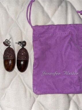 Jennifer Miller Brown Wood Glitter Acorn Drop Earrings